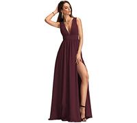 N/ C V cuello largo vestidos de dama de honor con hendidura gasa una línea plisada vestidos de baile con bolsillos C009, granate, 42