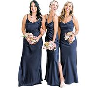 N/ C Vestido de dama de honor con tirantes delgados para mujer, vestido largo con cuello de sirena y vestido de noche de satén, azul marino, 44