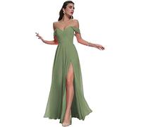 N/ C Vestidos de dama de honor para mujer, con hombros descubiertos, de gasa, vestidos formales para invitados de boda, Salvia polvoriento, 38