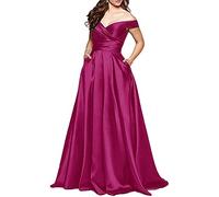 N/ C Vestidos de fiesta de las mujeres sin mangas con hombros descubiertos una línea de vestidos de noche largos con bolsillos, Rosa Roja, 22