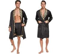 N&D Eyong Albornoces de seda de lujo de los hombres de manga larga de satén kimono bata con pantalones cortos ropa de dormir conjunto de albornoces, Negro, Large