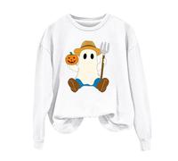 N Fashion - Sudadera casual de algodón con estampado de Halloween, cuello redondo, manga larga, sin sombrero, para mujer, blanco, M