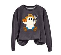 N Fashion - Sudadera casual de algodón con estampado de Halloween, cuello redondo, manga larga, sin sombrero, para mujer, gris oscuro, L