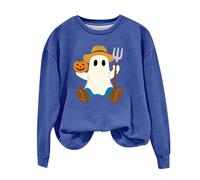 N Fashion - Sudadera casual de algodón con estampado de Halloween, cuello redondo, manga larga, sin sombrero, para mujer, azul, XL