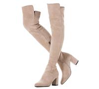 N.N.G Botas por encima de la rodilla para mujer, de ante hasta el muslo, color negro, bloque bajo, tacón bajo de 5 cm, grueso, por encima de la rodilla, puntera puntiaguda, Tacón beige Ihch, 40 EU