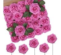 N&T NIETING Flores artificiales, rosas artificiales rosas calientes, 50 unidades de flores falsas con tallo para manualidades, ramos de boda, centros de mesa, novia, baby shower, fiesta, hogar, ducha,