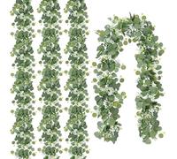 N&T NIETING Guirnalda de hojas de eucalipto artificiales, 4 unidades de guirnalda de vides verdes con flores blancas, guirnalda de hiedra colgante de 6 pies para boda, fondo, mesa de hogar, decoración