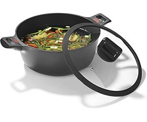 N8WERK Olla de aluminio fundido en la edición Midnight, 28 cm, indicador de temperatura de cambio de color, apta para todos los tipos de cocina, revestimiento triple para cocinar sin quemar