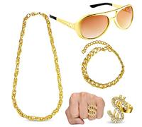 NA Weploda 4 Piezas Disfraz Rapero, Disfraz de Rapero de Los 80, Disfraz de Rapero de Hip Hop, Collares, Pulseras, Anillos y Anteojos de Oro para Fiestas, Conciertos de Rap