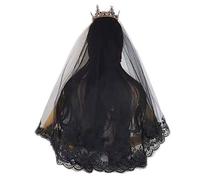 NA Yinuiousory Disfraz de Halloween, de una sola capa para mujeres y niñas, cubierta de cara Mantilla negro velo de boda bordado pestañas floral encaje Trim Halloween Cosplay disfraz