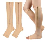 Naapesi Calcetines de Compresión, Medias Calcetines de Compresión para Venas Varicosas, Hinchazón, Edema (1 par de calcetines abiertos con cremallera color nude, L/XL)