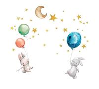 Naapesi Pegatinas de Pared Luminosas Luna Estrellas Conejos Globos PVC Dibujos Animados Niños Sala de Estar Decoración del Techo Blue White