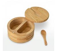 Naapesi Salero para Cocina Bambú, Wood Salt Cellar Bowl Box, Recipiente para Sal de Cocina, Wooden Salt Box, con Tapa Giratoria & Cuchara, para Sal, Especias (12x12x6cm)
