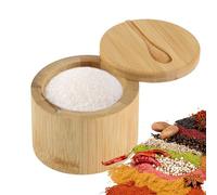 Naapesi Salero para Cocina Bambú, Wood Salt Cellar Bowl Box, Recipiente para Sal de Cocina, Wooden Salt Box, con Tapa Giratoria & Cuchara, para Sal, Especias (9x9x7cm)
