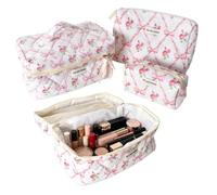 Naapesi Set 3 Neceseres Maquillaje Mujer, Bolsa de Maquillaje con Lazo y Flores, Neceser Viaje Mujer Grande Mediano Pequeño, Organizador Portátil para Accesorios de Belleza, Kit Regalo Mujer (Rosa1)