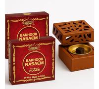Nabeel Nasaem Oudh Bakhoor - Incienso para fragancia casera | Oud árabe de larga duración | con llavero JRose Trolley (2 paquetes con un quemador clásico Bakhoor)
