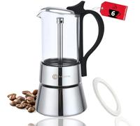 NACHOMI Cafetera Italiana 6 Tazas (360 ml). Cafetera Italiana Acero Inoxidable y Vidrio Borosilicato. Cafetera Induccion, Gas y Vitrocerámica. Alta Resistencia al Calor. Incluye Junta Recambio Extra.