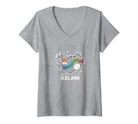Nacido para Explorar Islandia Aventura Aurora Boreal Gráfico Camiseta Cuello V, Mujer, Gris Jaspeado, M