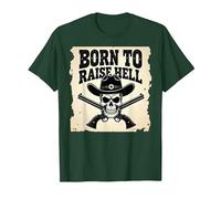 Nacido para Levantar el Infierno: Cráneo de Vaquero proscrito Actitud rebelde Camiseta, Hombre, Verde Bosque, L