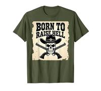 Nacido para Levantar el Infierno: Cráneo de Vaquero proscrito Actitud rebelde Camiseta, Hombre, Verde Oliva, XL