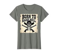 Nacido para Levantar el Infierno: Cráneo de Vaquero proscrito Actitud rebelde Camiseta, Mujer, Verde Militar Jaspeado, M