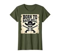 Nacido para Levantar el Infierno: Cráneo de Vaquero proscrito Actitud rebelde Camiseta, Mujer, Verde Oliva, XXL