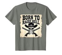 Nacido para Levantar el Infierno: Cráneo de Vaquero proscrito Actitud rebelde Camiseta, Niños, Verde Militar Jaspeado, 12 años