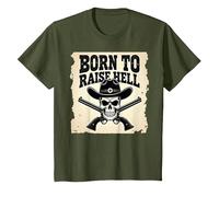 Nacido para Levantar el Infierno: Cráneo de Vaquero proscrito Actitud rebelde Camiseta, Niños, Verde Oliva, 10 años