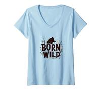 Nacido Salvaje: Silueta de Lobo Naturaleza Amante Aventura Camiseta Cuello V, Mujer, Azul Bebé, M