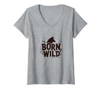 Nacido Salvaje: Silueta de Lobo Naturaleza Amante Aventura Camiseta Cuello V, Mujer, Gris Jaspeado, S