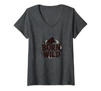 Nacido Salvaje: Silueta de Lobo Naturaleza Amante Aventura Camiseta Cuello V, Mujer, Jaspeado Oscuro, L