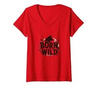 Nacido Salvaje: Silueta de Lobo Naturaleza Amante Aventura Camiseta Cuello V, Mujer, Rojo, L