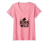 Nacido Salvaje: Silueta de Lobo Naturaleza Amante Aventura Camiseta Cuello V, Mujer, Rosado, S