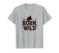 Nacido Salvaje: Silueta de Lobo Naturaleza Amante Aventura Camiseta, Hombre, Gris Jaspeado, 5XL