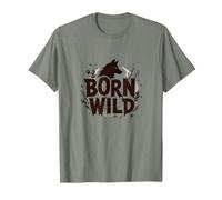 Nacido Salvaje: Silueta de Lobo Naturaleza Amante Aventura Camiseta, Hombre, Verde Militar Jaspeado, S