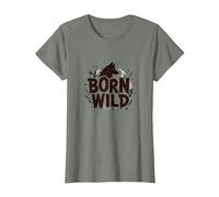 Nacido Salvaje: Silueta de Lobo Naturaleza Amante Aventura Camiseta, Mujer, Verde Militar Jaspeado, S