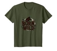 Nacido Salvaje: Silueta de Lobo Naturaleza Amante Aventura Camiseta, Niños, Verde Oliva, 4 años