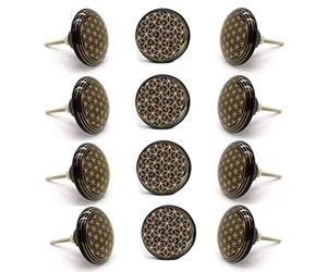 Nacnic 12 Pomos Cerámica Mandala Dorado y Negro - Tiradores Pintados a Mano, Cocina Cajones Armarios Muebles Baño - Diámetro y Longitud Perno 40 Mm