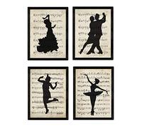Nacnic - 4 Poster Vintage Estilo de Baile sobre Partituras - Cuadro Artístico Decoración con Ilustración Sevillanas, Tango, Ballet, Foxtrot Charleston