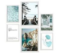 Nacnic - 6 Cuadros Decorativos Agua Turquesa - Fotografía Arte Mural Decoración Dormitorio Cabecero Salón - Playa, Relax, Paz - A3 y A4 - Marco Blanco