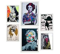 Nacnic - 6 Cuadros Decorativos Graffiti Callejero - Impresión Mural Arte Pop Urbano - Láminas Pared Fotografía Moderna Banksy - A3 y A4 - Marco Blanco