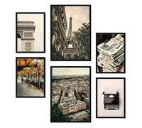 Nacnic - 6 Cuadros Decorativos París Vintage - Impresión Arte Mural Moderno para Colgar Habitaciones Hogar - Lámina Fotografía - A3 y A4 - Marco Negro