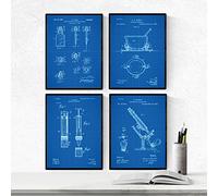 Nacnic Azul - Pack de 4 láminas con marco con Patentes de Farmacia. Set de Posters con inventos y Patentes Antiguas. Elije el Color Que Más te guste. Con marco