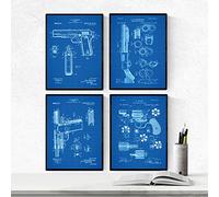 Nacnic Azul - Pack de 4 Láminas con Patentes de Armas. Set de Posters con inventos y Patentes Antiguas. Tamaño A4.