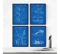 Nacnic Azul - Pack de 4 láminas con Patentes de Baloncesto 2. Set de posters con inventos y patentes antiguas. Elije el color que más te guste