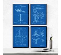 Nacnic Azul - Pack de 4 Láminas con Patentes de Barcos. Set de Posters con inventos y Patentes Antiguas. Elije el Color Que Más te guste. Impreso en Papel de 250 Gramos.