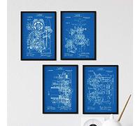 Nacnic Azul - Pack de 4 Láminas con Patentes de IMPRENTAS. Set de Posters con inventos y Patentes Antiguas. Elije el Color Que Más te guste.