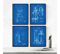 Nacnic Azul - Pack de 4 Láminas con Patentes del Cuerpo DE Bomberos. Set de Posters con inventos y Patentes Antiguas. Elije el Color Que Más te guste.