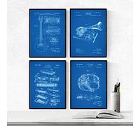 Nacnic AZUL - Pack de 4 láminas con PATENTES relacionadas con el BLUES. Set de posters con inventos y patentes antiguas. Elije el color que más te guste