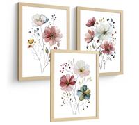 Nacnic Juego De 3 Cuadros De Flores De Acuarela. Laminas Decorativas Pared Flores Coloridas. Poster De Botanico Minimalista. Cuadros Flor Silvestre Para Salón Y Dormitorio Tamaño A4 Marco Madera Clara